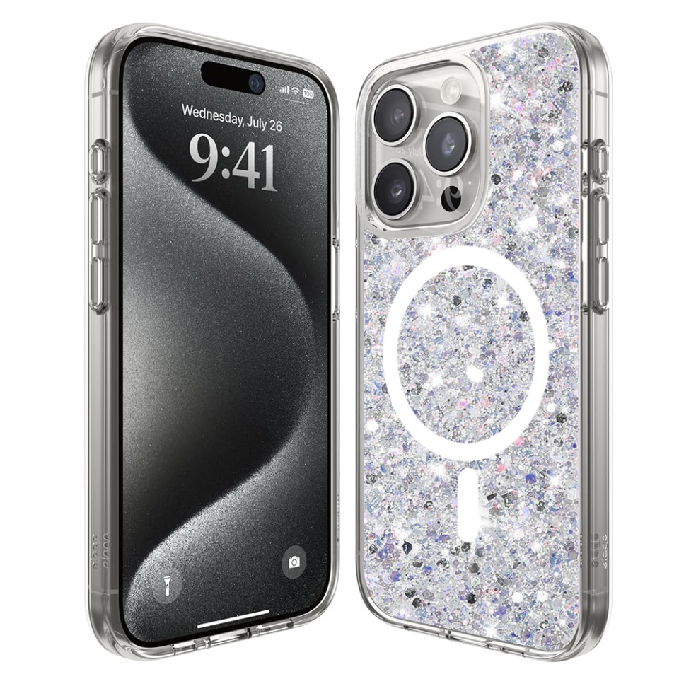 Husa pentru iPhone 15 Pro Max, SKYDDAR INNOVATION, SparkleCase, din Silicon cu Sclipici, Protectie Completa, Alb, set cu sticker