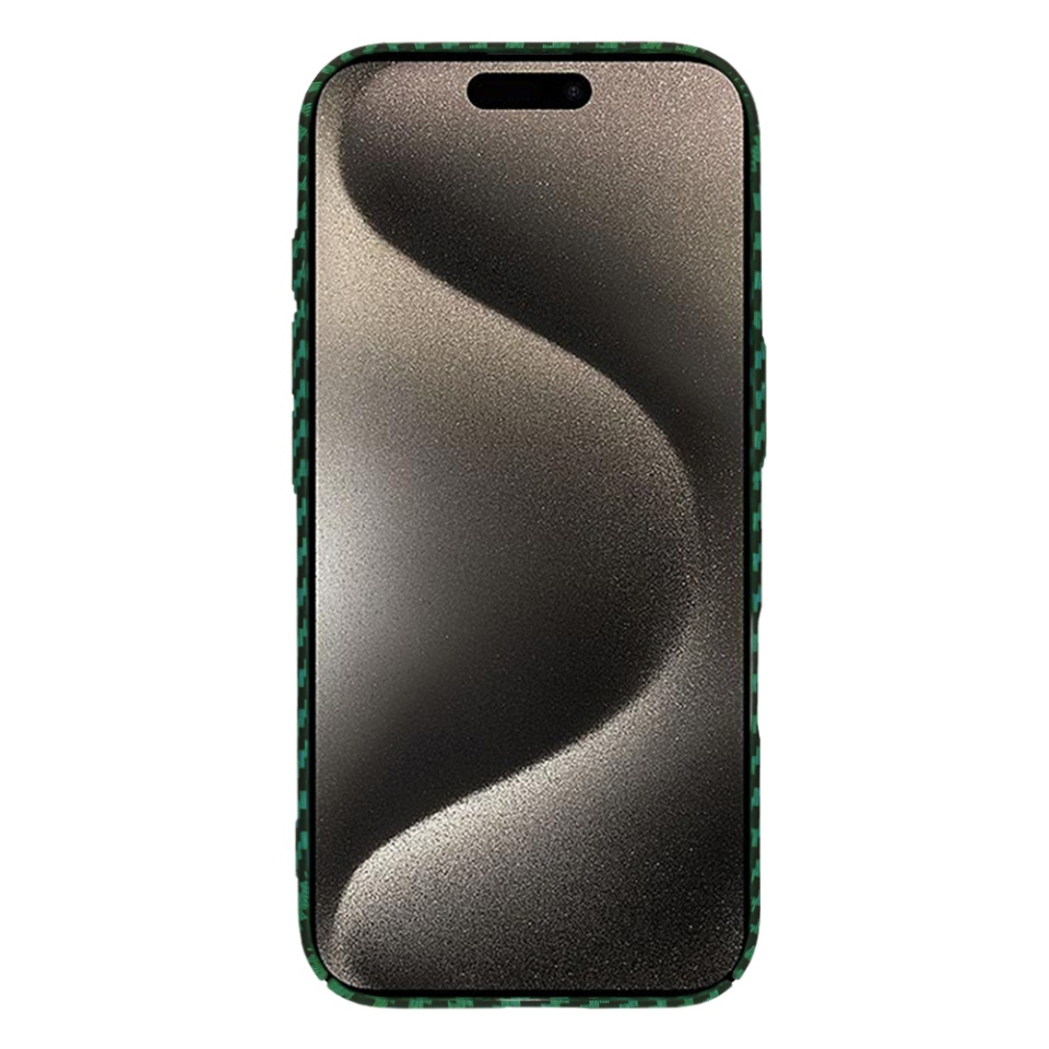 Husa pentru iPhone 15 Pro Max, SKYDDAR INNOVATION, textura carbon, Carbonite FiberShell, Verde, set cu sticker - 1 | YEO