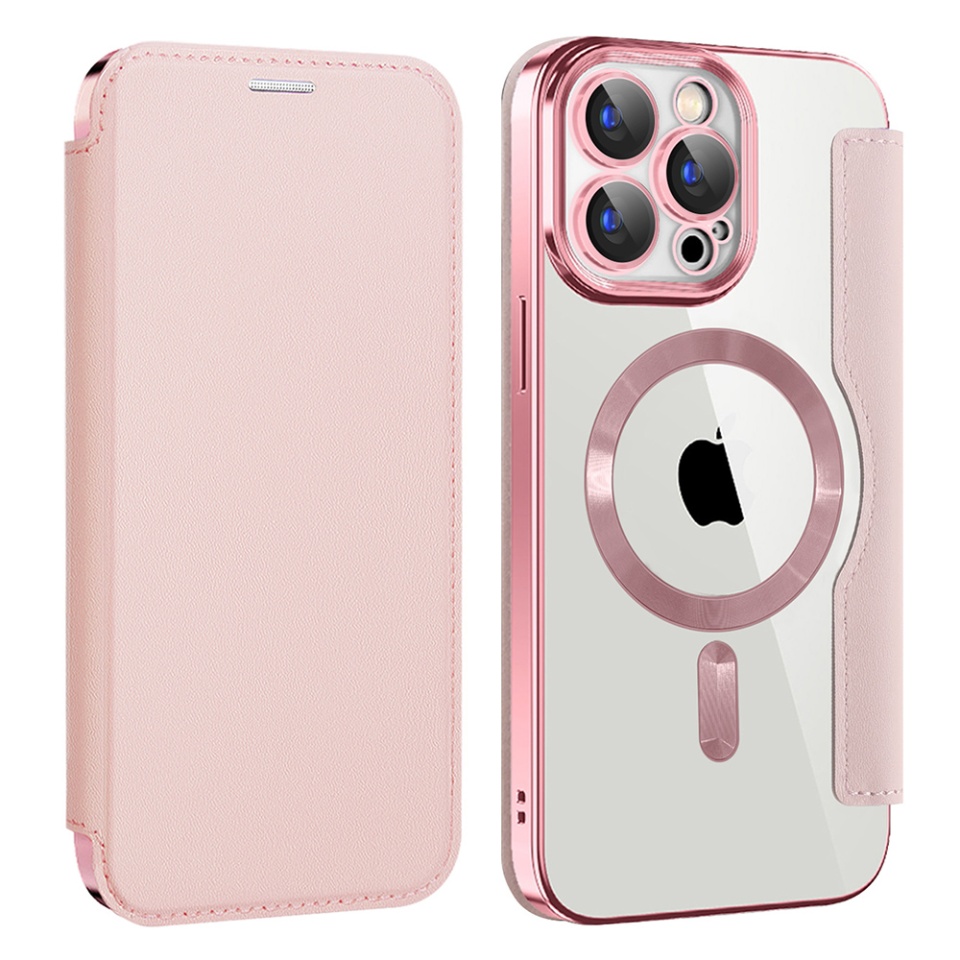 Husa pentru iPhone 15 Pro Max tip carte, SKYDDAR INOVATION, SmartMag Book, Magsafe, RFiD, Suport Carduri, set cu sticker, Roz - 1 | YEO