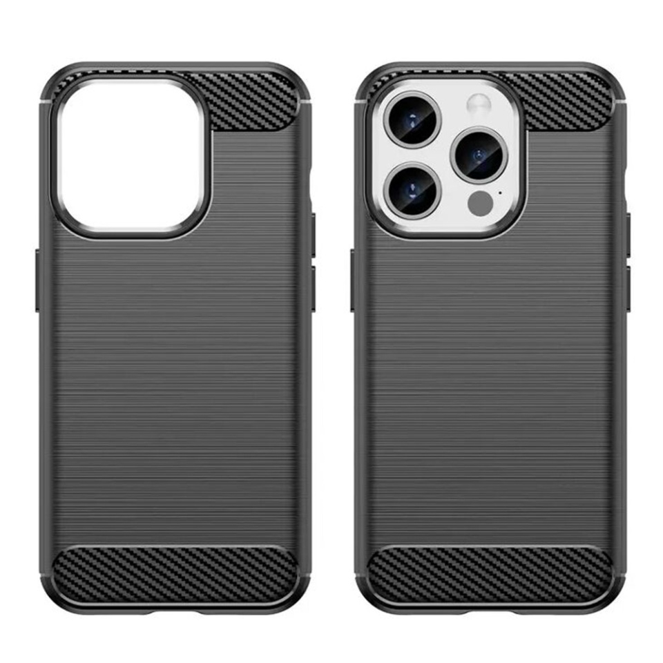 Husa pentru iPhone 15 Pro, SKYDDAR INNOVATION, Carbon Silicone, din Silicon Premium, Slim, cu textura Fibra Carbon, Negru, set cu sticker - 1 | YEO