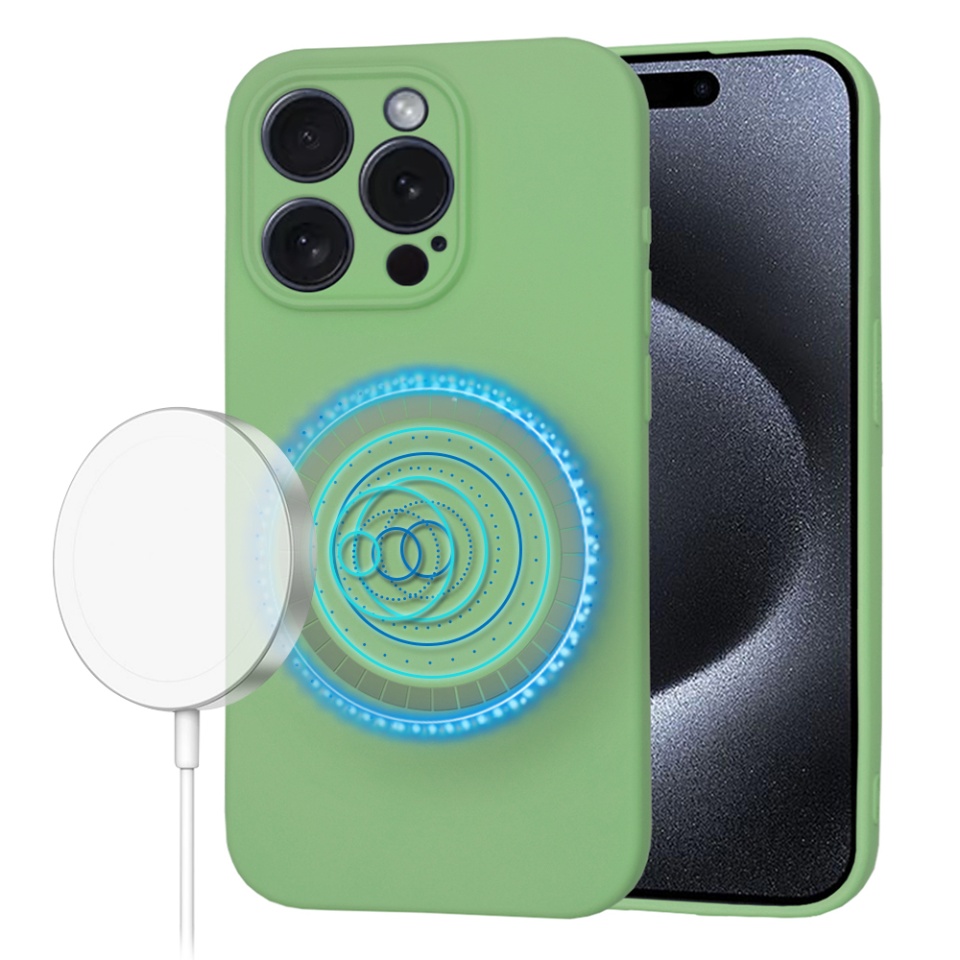 Husa pentru iPhone 15 Pro, SKYDDAR INNOVATION, din Silicon Catifelat, SoftFlex Magsafe, Verde deschis, set cu sticker