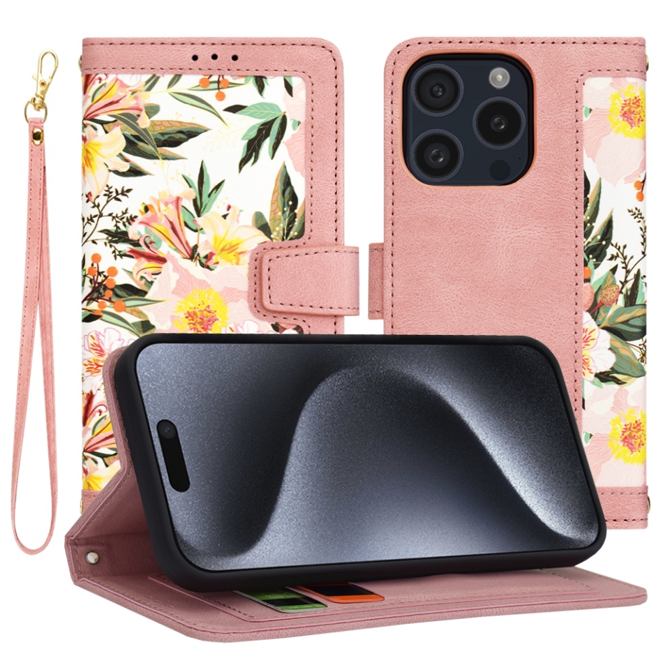 Husa pentru iPhone 15 Pro, SKYDDAR INNOVATION, Floral Wallet, din Piele Ecologică cu Design Floral, Protecție 360°, Stand Integrat, Buzunare pentru Carduri, Roz, set cu sticker