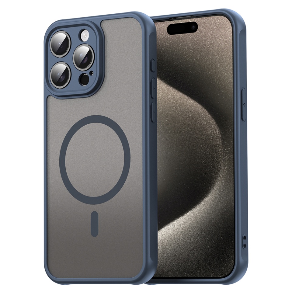 Husa pentru iPhone 15 Pro, SKYDDAR INNOVATION, HaloFrost MagSafe II, Antisoc, set cu sticker, Bleumarin