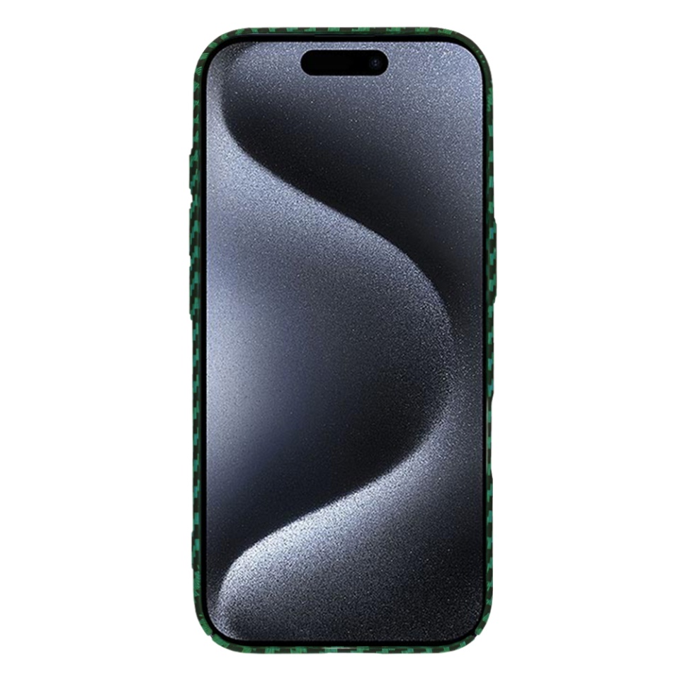 Husa pentru iPhone 15 Pro, SKYDDAR INNOVATION, textura carbon, Carbonite FiberShell, Verde, set cu sticker - 1 | YEO