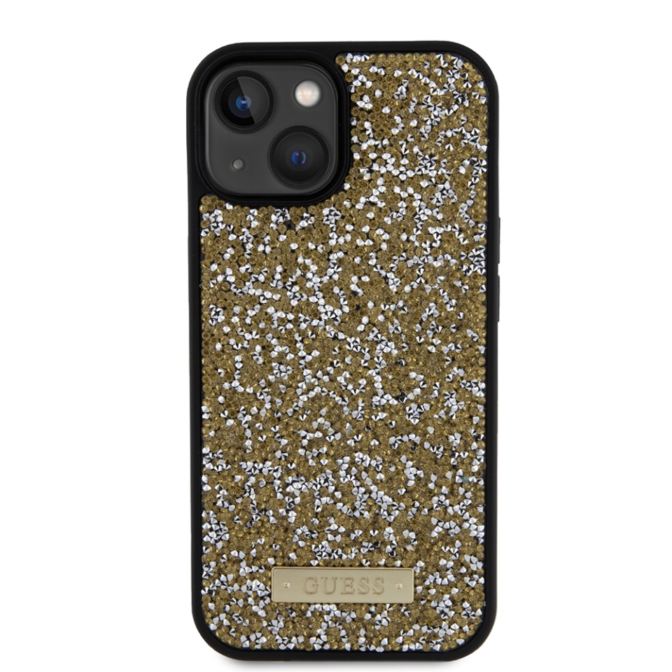 Husa pentru iPhone 15, Rhinestone Metal Logo, Guess, Galben - 1 | YEO