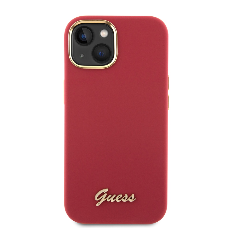 Husa pentru iPhone 15 Silicone Script Metal Logo & Frame, Guess - Rosu - 1 | YEO