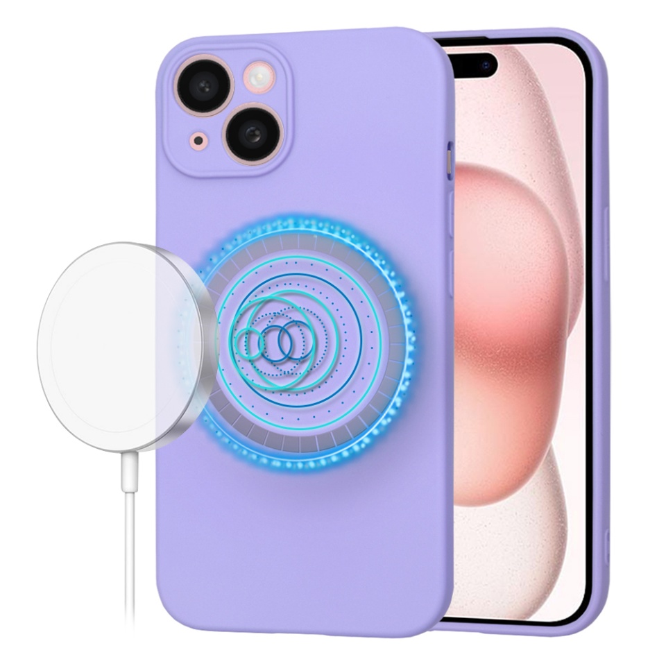 Husa pentru iPhone 15, SKYDDAR INNOVATION, din Silicon Catifelat, SoftFlex Magsafe, Violet, set cu sticker
