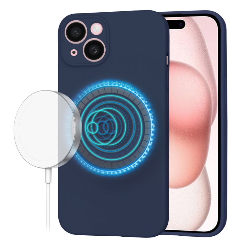 Husa pentru iPhone 15, SKYDDAR INNOVATION, din Silicon Catifelat, SoftFlex Magsafe, Bleumarin, set cu sticker