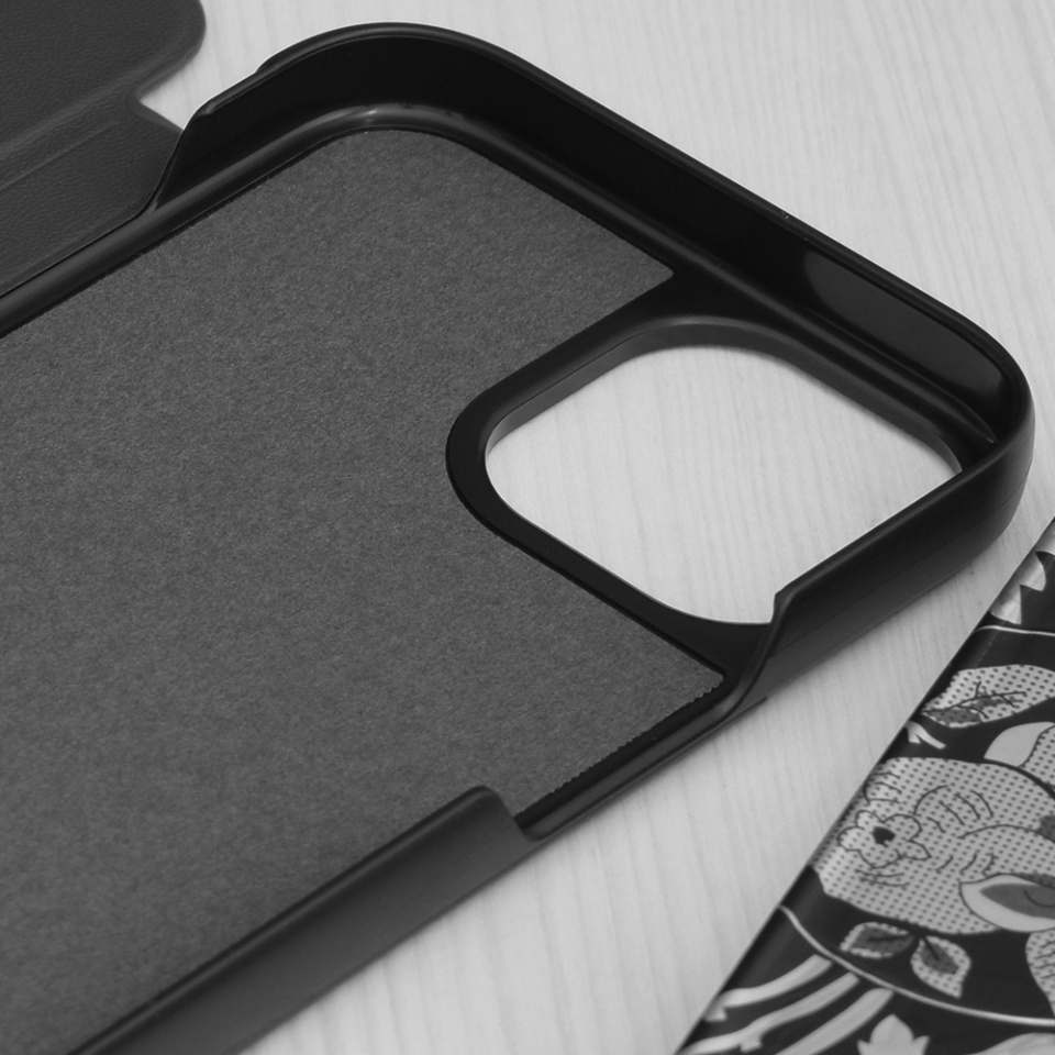Husa pentru iPhone 15, SKYDDAR INNOVATION, eFold, tip carte, Negru, set cu sticker - 2 | YEO