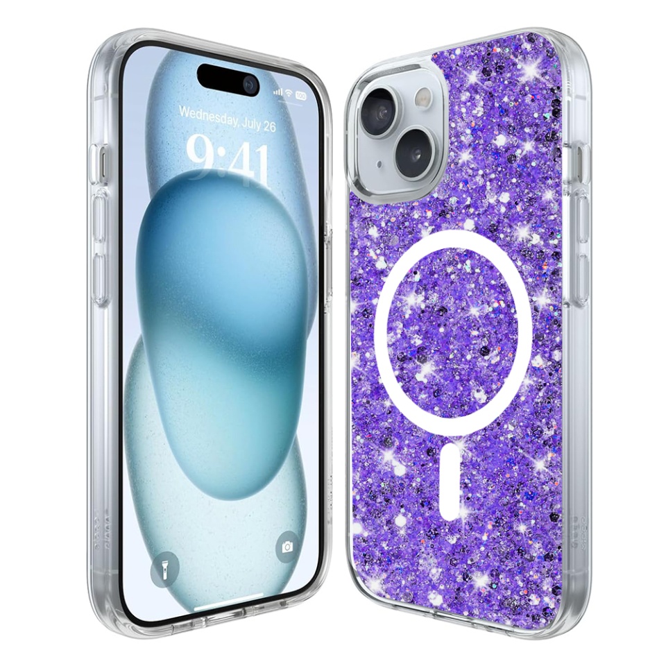 Husa pentru iPhone 15, SKYDDAR INNOVATION, SparkleCase, din Silicon cu Sclipici, Protectie Completa, Mov, set cu sticker