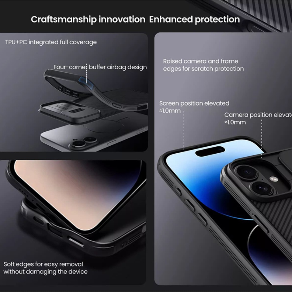 Husa pentru iPhone 16 cu inel magnetic si protectie camera Nillkin CamShield - Negru - 2 | YEO