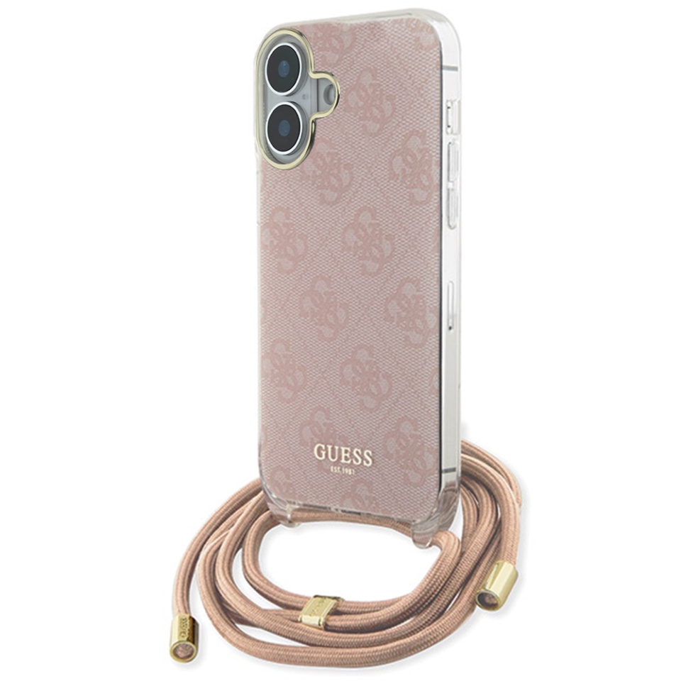 Husa pentru iPhone 16 cu snur, Crossbody Cord 4G Print, Guess - Roz