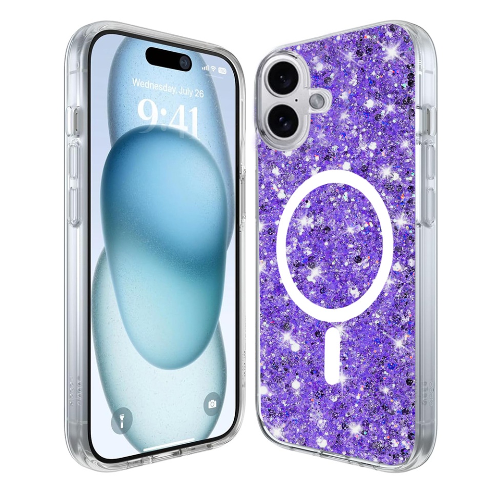 Husa pentru iPhone 16 din Silicon cu Sclipici, Fundal Detasabil, Protectie Completa, SKDR SparkleCase - Mov