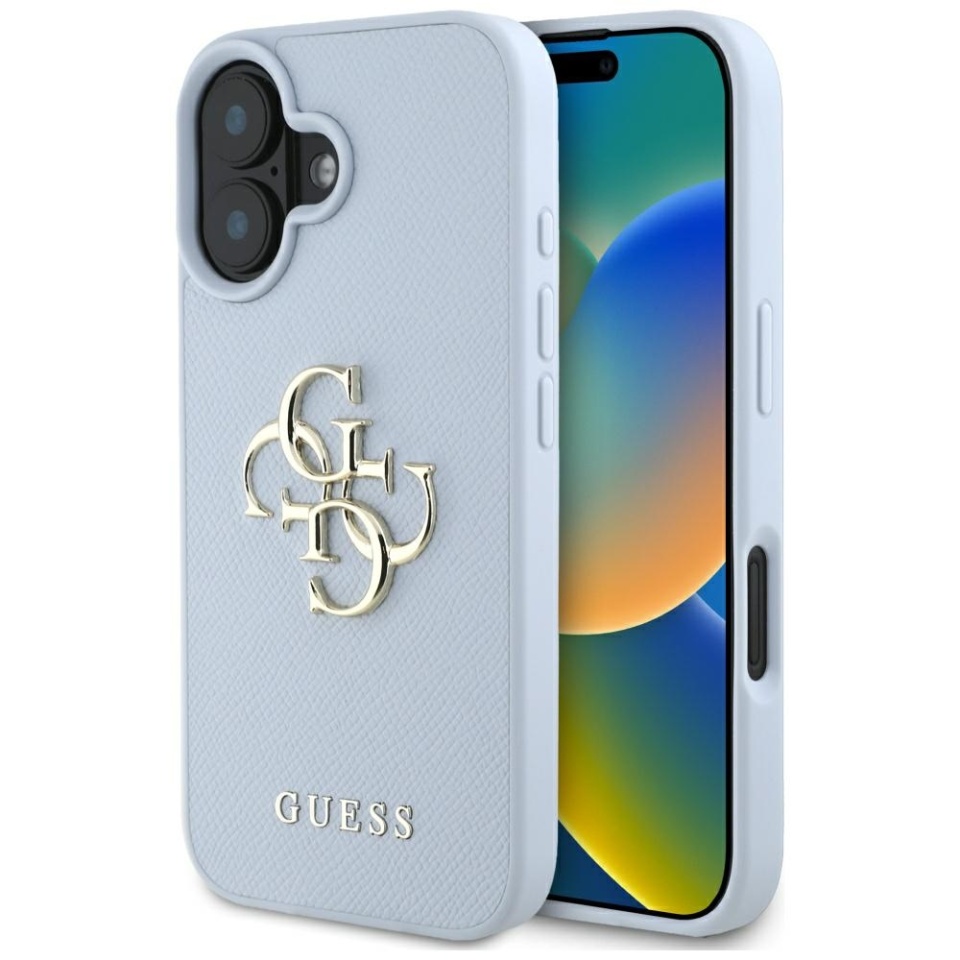 Husa pentru iPhone 16, Guess, Hardcase Grained Big 4G Logo Small Classic Logo, Protectie Slim, Albastru
