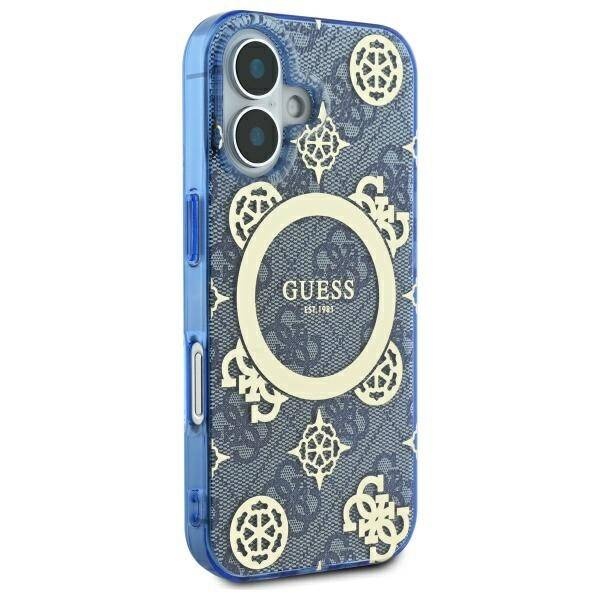 Husa pentru iPhone 16, Guess MagSafe Denim Pattern, Compatibila, Cadru Silicon, Logo Auriu, Design Slim, Albastru - 3 | YEO