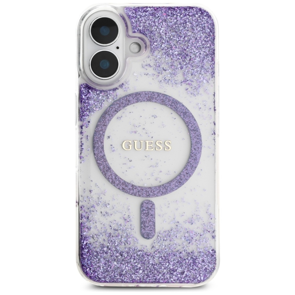 Husa pentru iPhone 16, Hardcase Resin Bottom Glitter MagSafe, Guess - Mov - 3 | YEO