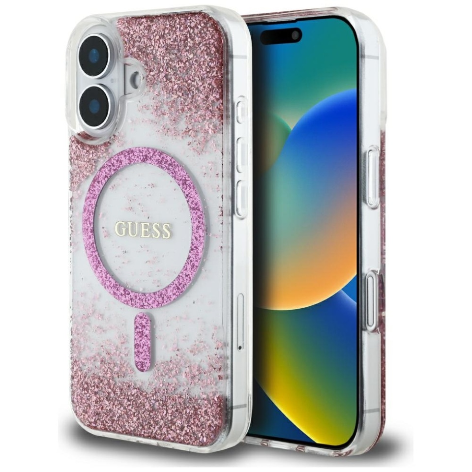 Husa pentru iPhone 16, Hardcase Resin Bottom Glitter MagSafe, Guess - Roz