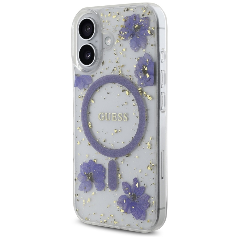 Husa pentru iPhone 16, Hardcase Resin Flowers and Glitter MagSafe, Guess - Mov - 2 | YEO