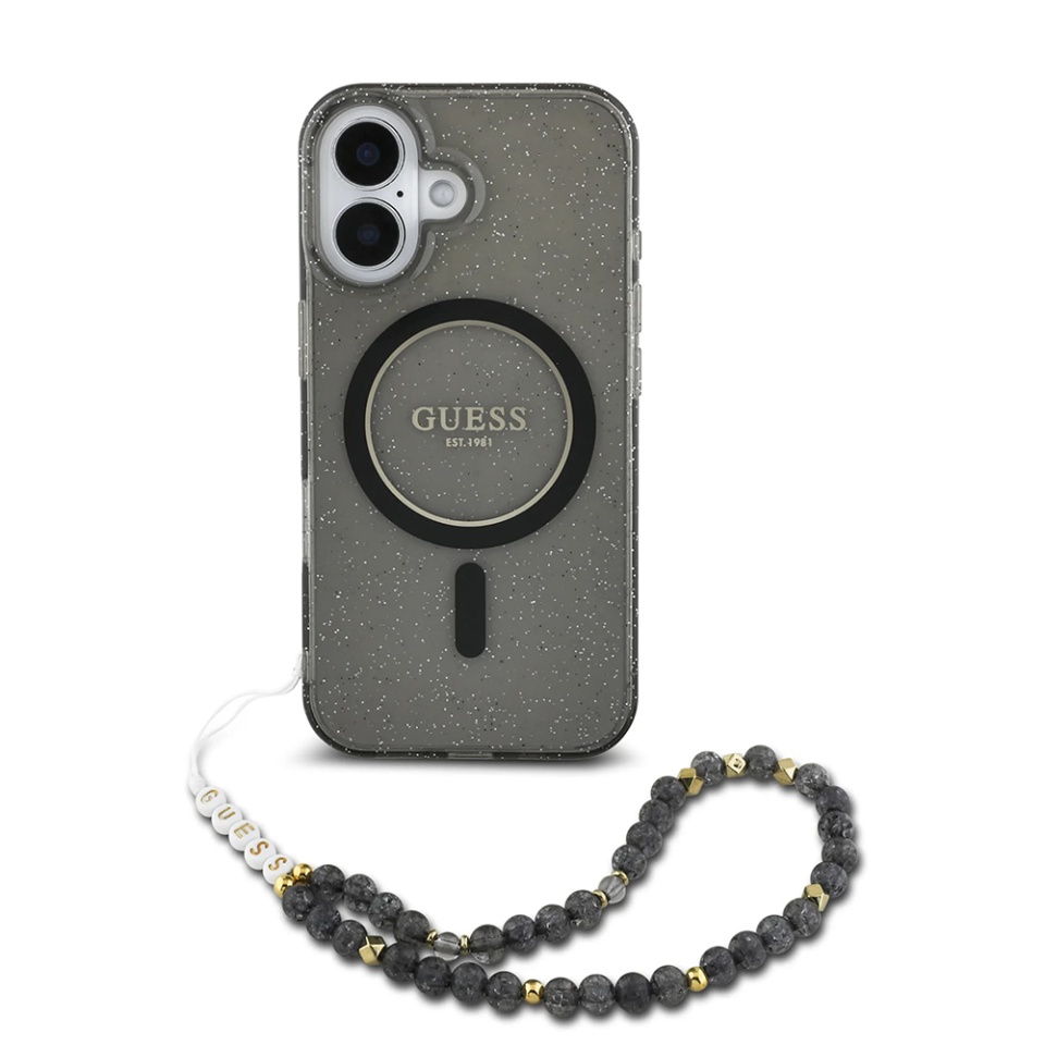 Husa pentru iPhone 16, IML Glitter with Pearl Strap MagSafe, Guess - Negru