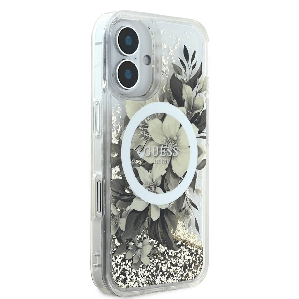 Husa pentru iPhone 16 Liquid Glitter Flower MagSafe, Guess - Bej - 3 | YEO