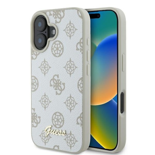 Husa pentru iPhone 16 Peony Script MagSafe, Guess - Alb