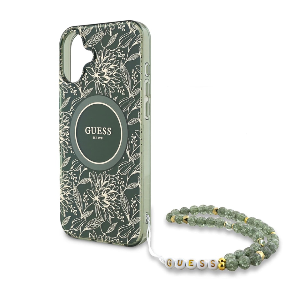 Husa pentru iPhone 16 Plus, IML Flowers Allover Electro With Pearl Strap MagSafe, Guess - Verde - 3 | YEO