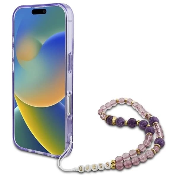 Husa pentru iPhone 16 Plus, IML Flowers with Pearl Strap MagSafe, Guess - Mov - 2 | YEO