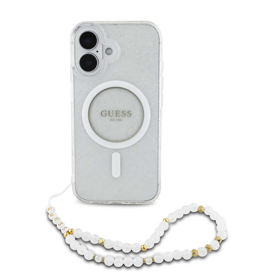 Husa pentru iPhone 16 Plus, IML Glitter with Pearl Strap MagSafe, Guess - Transparenta