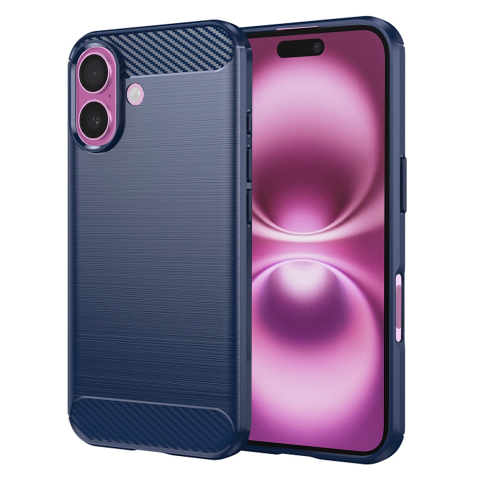 Husa pentru iPhone 16 Plus, SKYDDAR INNOVATION, Carbon Silicone, din Silicon Premium, Slim, cu textura Fibra Carbon, Albastru, set cu sticker