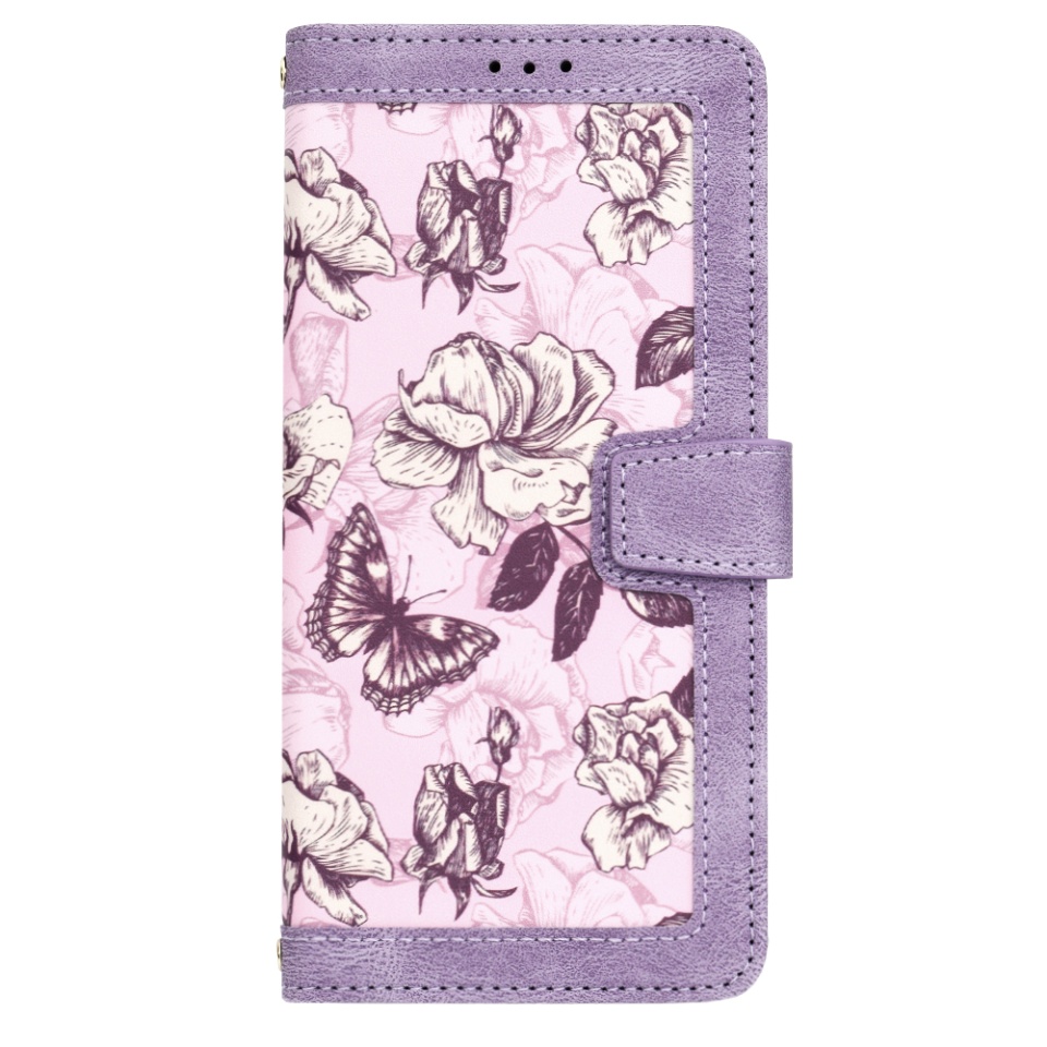 Husa pentru iPhone 16 Plus, SKYDDAR INNOVATION, Floral Wallet, din Piele Ecologică cu Design Floral, Protecție 360°, Stand Integrat, Buzunare pentru Carduri, Mov, set cu sticker - 2 | YEO