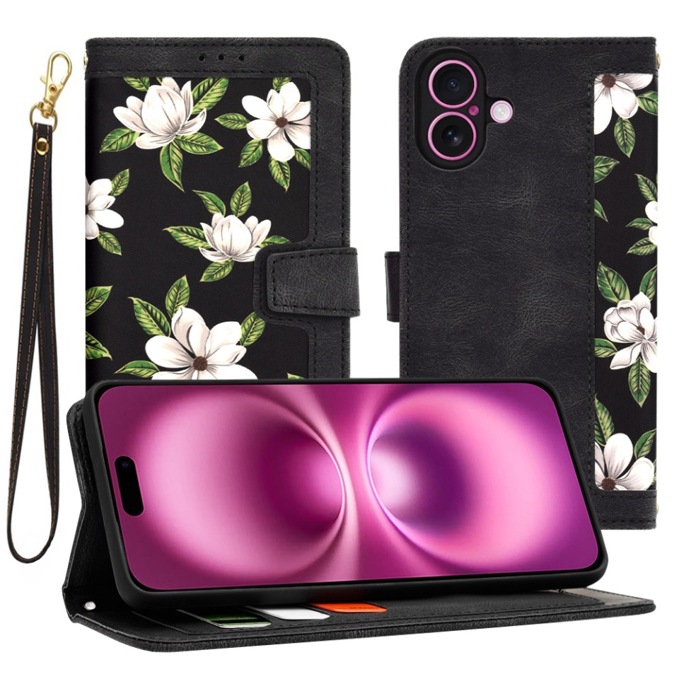 Husa pentru iPhone 16 Plus, SKYDDAR INNOVATION, Floral Wallet, din Piele Ecologică cu Design Floral, Protecție 360°, Stand Integrat, Buzunare pentru Carduri, Negru, set cu sticker
