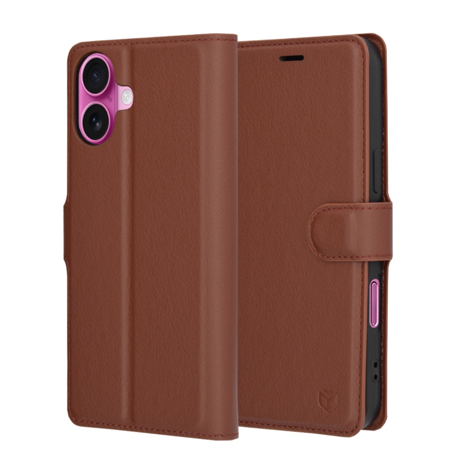 Husa pentru iPhone 16 Plus, SKYDDAR INNOVATION, Leather Folio, tip Carte, cu Portofel Interior, Finisaje Premium, Maro, set cu sticker