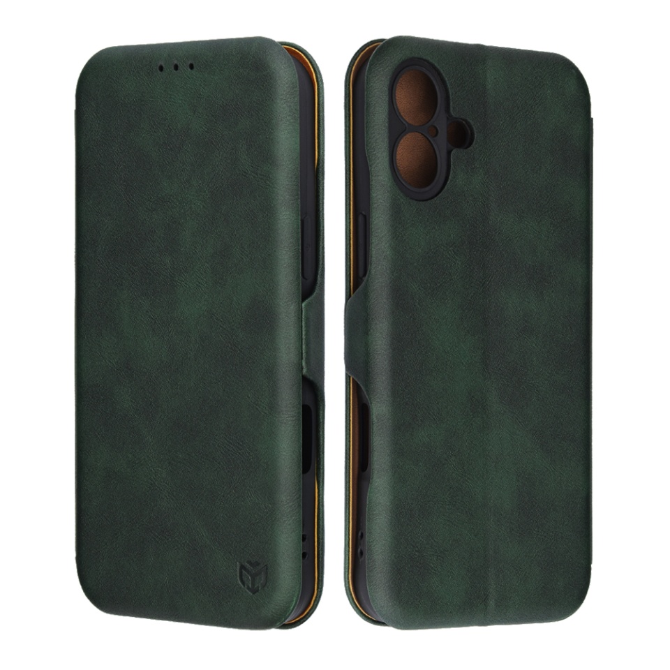 Husa pentru iPhone 16 Plus, SKYDDAR INNOVATION, Safe Wallet tip carte din Piele Ecologica, Suport Carduri, Inchidere Magnetica, Verde, set cu sticker