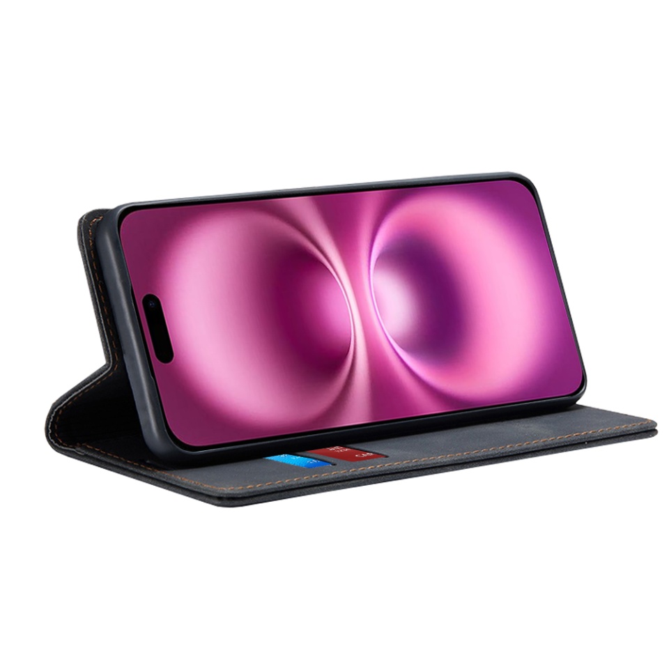 Husa pentru iPhone 16 Plus, SKYDDAR INNOVATION, Soft Wallet, tip Carte din piele Eco Premium, cu Portofel Interior, Negru, set cu sticker - 1 | YEO