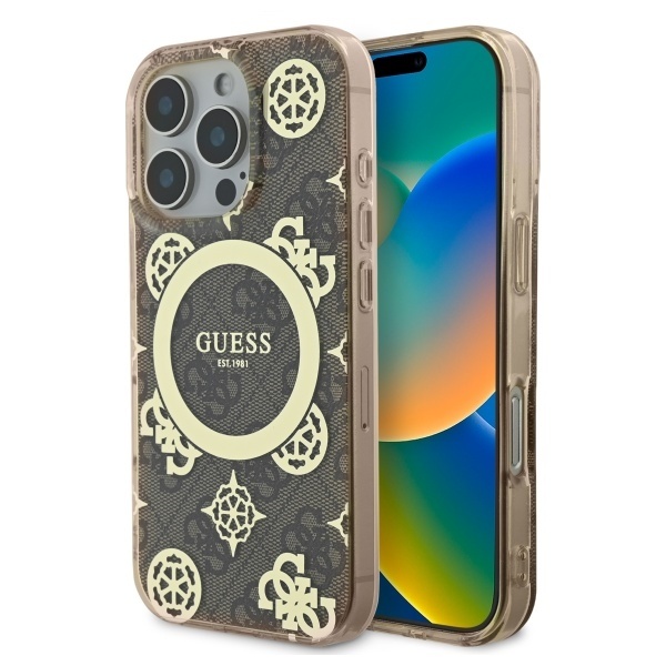 Husa pentru iPhone 16 Pro, Guess MagSafe Denim Pattern, Compatibila, Cadru Silicon, Logo Auriu, Design Slim, Maro