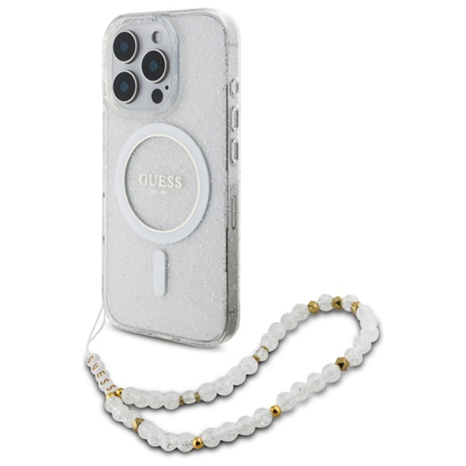 Husa pentru iPhone 16 Pro, IML Glitter with Pearl Strap MagSafe, Guess - Transparenta