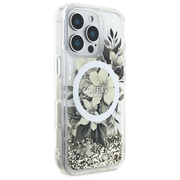 Husa pentru iPhone 16 Pro Liquid Glitter Flower MagSafe, Guess - Bej - 2 | YEO