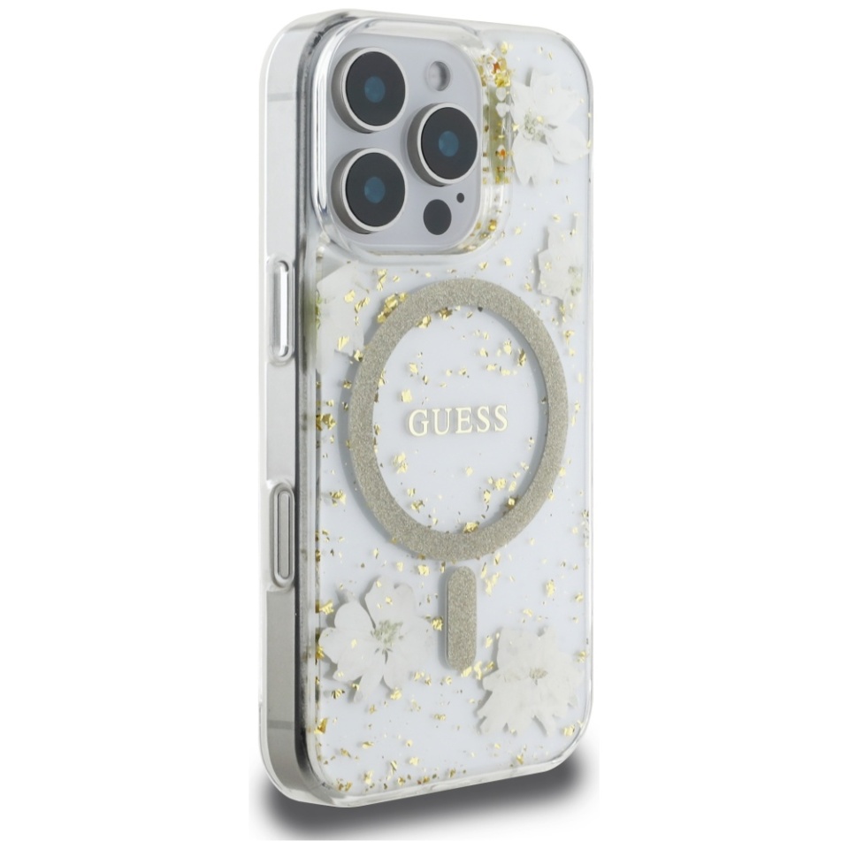 Husa pentru iPhone 16 Pro Max, Hardcase Resin Flowers and Glitter MagSafe, Guess - Bej - 1 | YEO