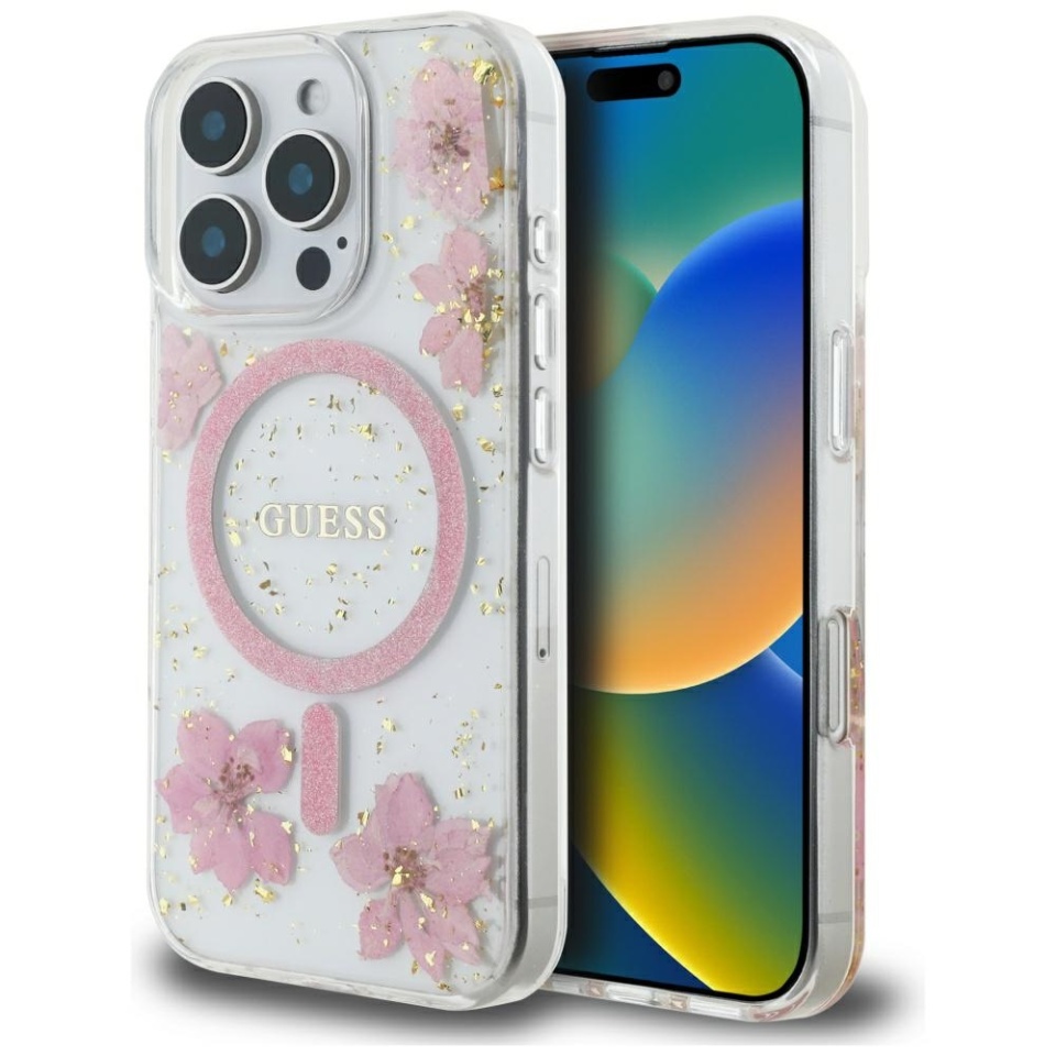 Husa pentru iPhone 16 Pro Max, Hardcase Resin Flowers and Glitter MagSafe, Guess - Roz