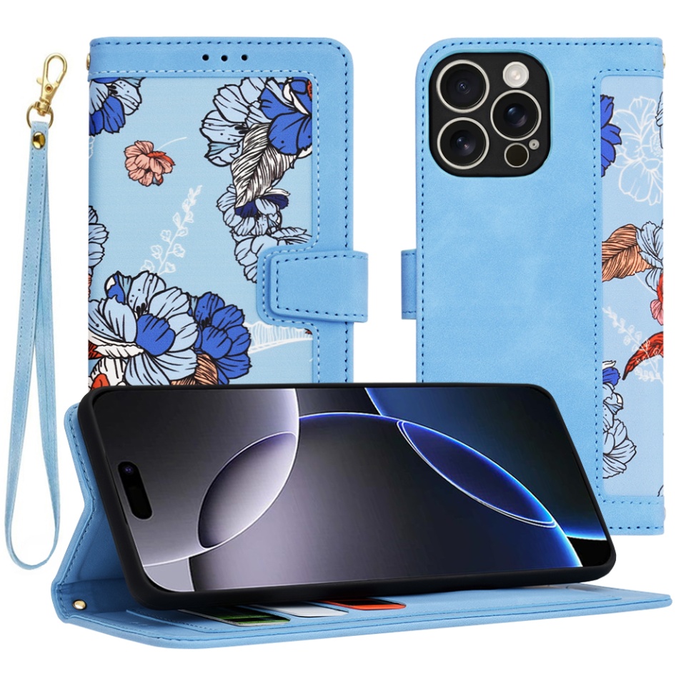 Husa pentru iPhone 16 Pro Max, SKYDDAR INNOVATION, Floral Wallet, din Piele Ecologică cu Design Floral, Protecție 360°, Stand Integrat, Buzunare pentru Carduri, Bleu, set cu sticker