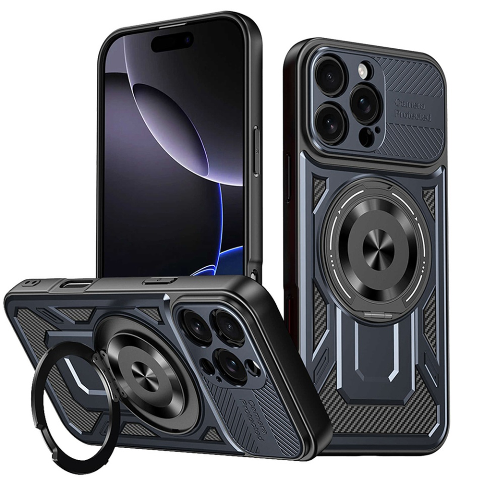 Husa pentru iPhone 16 Pro Max, SKYDDAR INNOVATION, RuggedCam, Inel magnetic antisoc, set cu sticker, Albastru