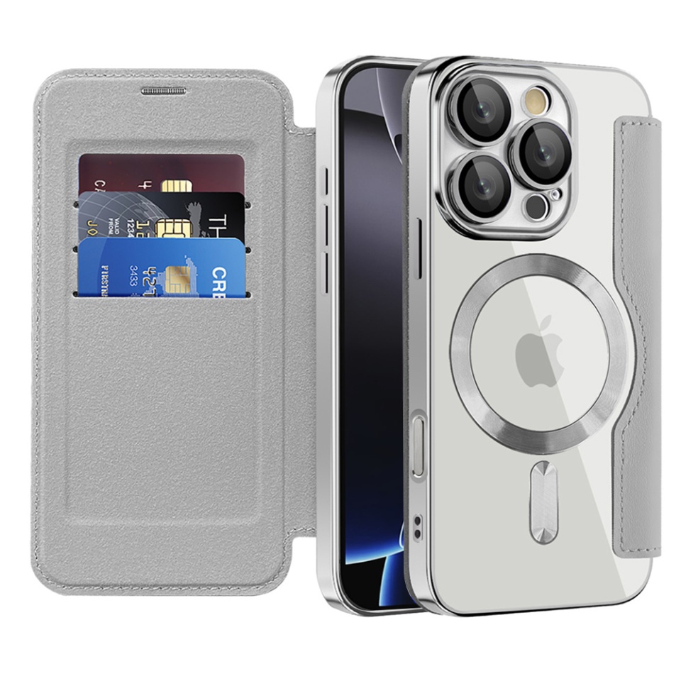 Husa pentru iPhone 16 Pro Max tip carte, SKYDDAR INOVATION, SmartMag Book, Magsafe, RFiD, Suport Carduri, set cu sticker, Gri