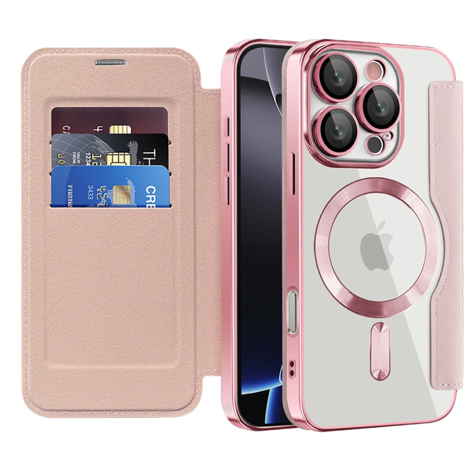 Husa pentru iPhone 16 Pro Max tip carte, SKYDDAR INOVATION, SmartMag Book, Magsafe, RFiD, Suport Carduri, set cu sticker, Roz