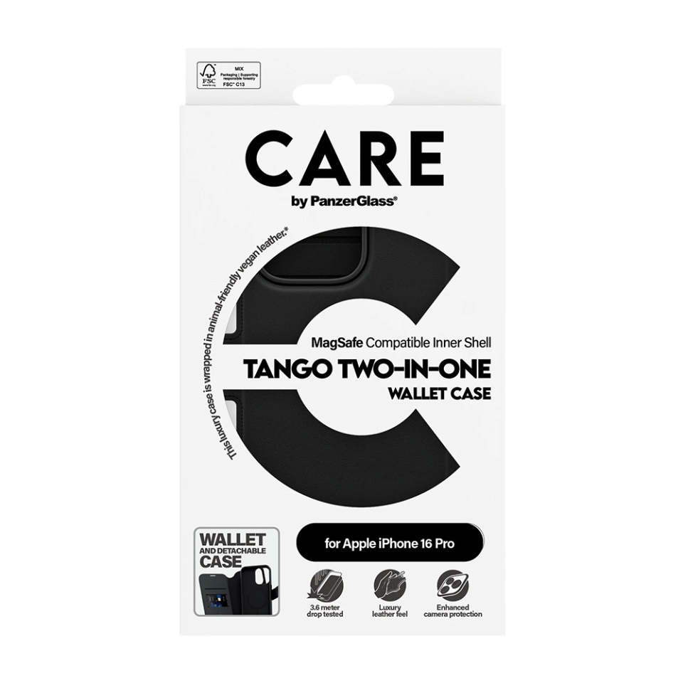 Husa pentru iPhone 16 Pro, PanzerGlass, CARE Feature MagSafe Case Tango Two-in-One Wallet, Tip Carte Detasabila 2in1 cu Portofel si Prindere Magnetica, Piele Ecologica, Antisoc, Negru - 3 | YEO