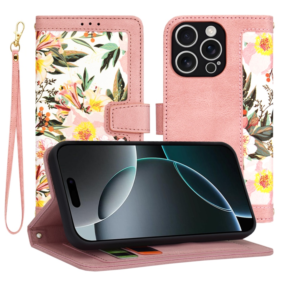 Husa pentru iPhone 16 Pro, SKYDDAR INNOVATION, Floral Wallet, din Piele Ecologică cu Design Floral, Protecție 360°, Stand Integrat, Buzunare pentru Carduri, Roz, set cu sticker