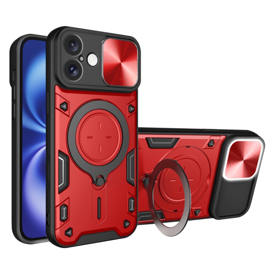 Husa pentru iPhone 16, SKYDDAR INNOVATION, CamGuard Pro, Inel Magnetic, Protectie Camera, Rosu, set cu sticker
