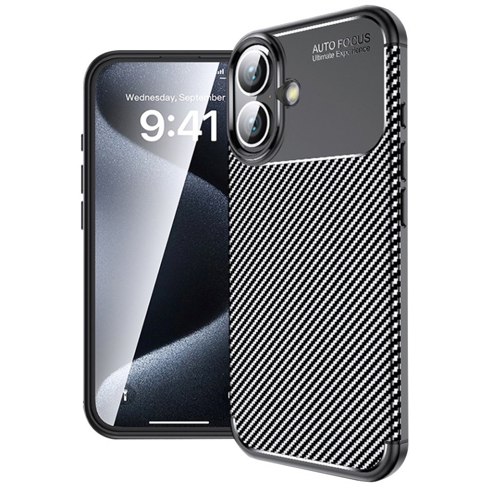 Husa pentru iPhone 16, SKYDDAR INNOVATION, CarbonFiber, Antisoc, Negru, set cu sticker