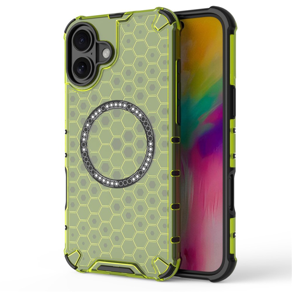 Husa pentru iPhone 16, SKYDDAR INNOVATION, HoneyComb Shield MagSafe, Antisoc, set cu sticker, Verde