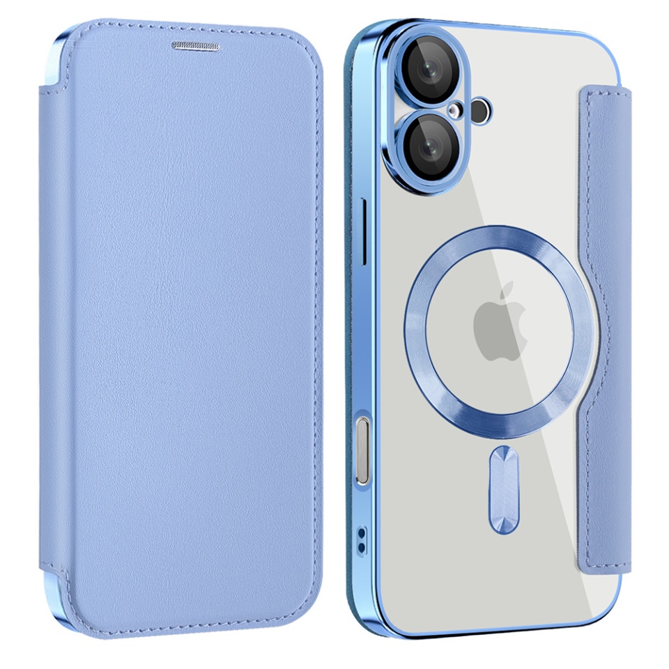 Husa pentru iPhone 16 tip carte, SKYDDAR INOVATION, SmartMag Book, Magsafe, RFiD, Suport Carduri, set cu sticker, Bleu - 1 | YEO