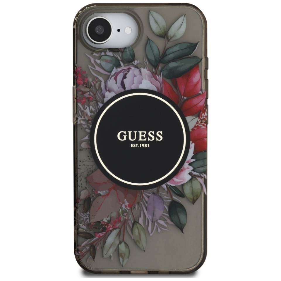 Husa pentru iPhone 16e, IML Flowers with Pearl Strap MagSafe, Guess - Negru - 1 | YEO